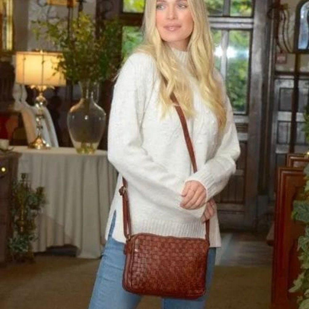 Ashwood Genuine Woven Leather Crossbody Bag, Cognac/Brown, Approx 10”x7”x4"